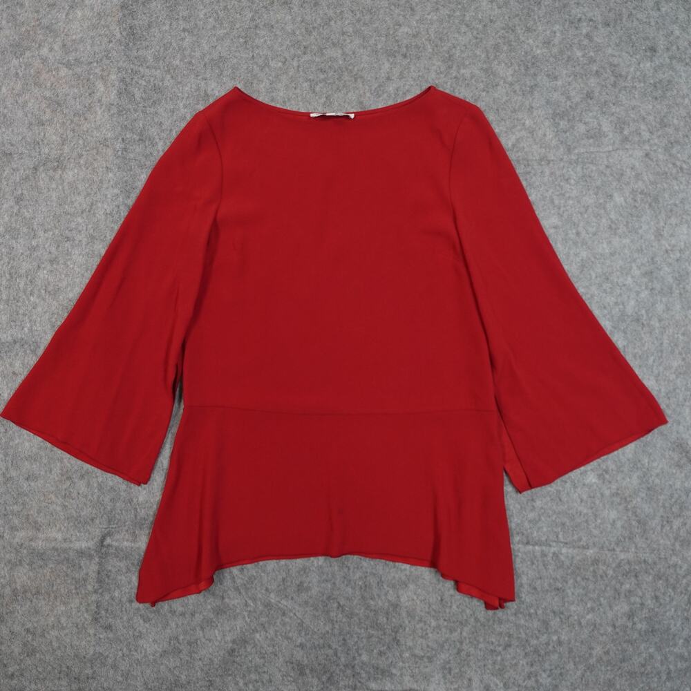 Elizabeth James Womens‎ Extra Small Blouse Bell Sleeve Red Boat Neck Asymmetric